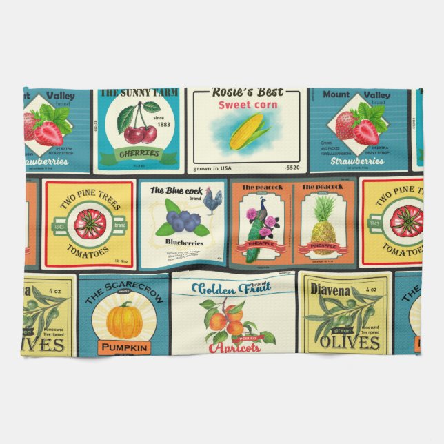 Vintage canned goods-Fruit labels Tea Towel (Horizontal)