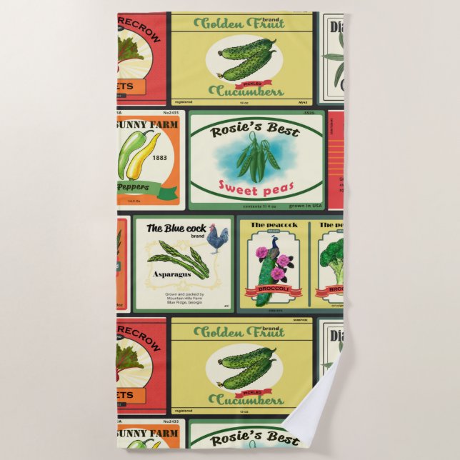 Vintage canned goods-Vegetables labels Beach Towel (Front)