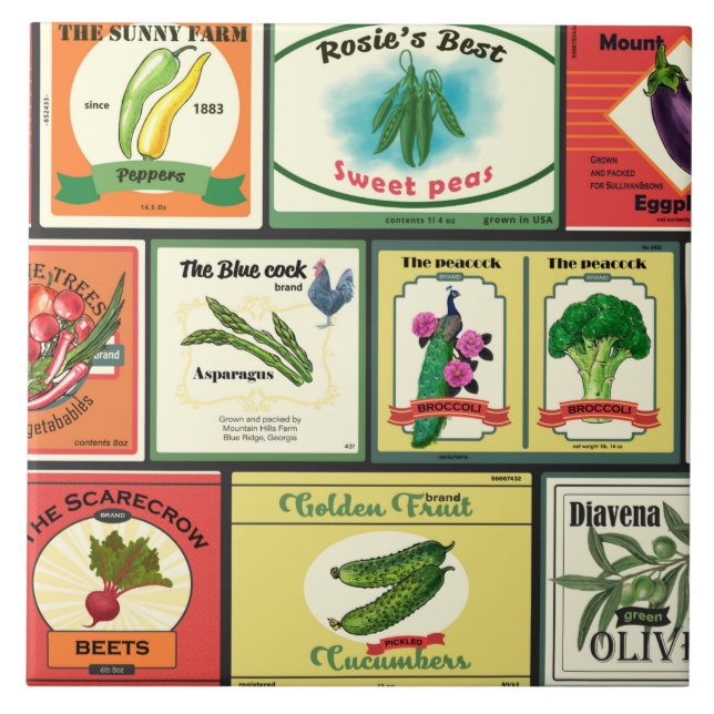 Vintage canned goods-Vegetables labels Ceramic Tile (Front)