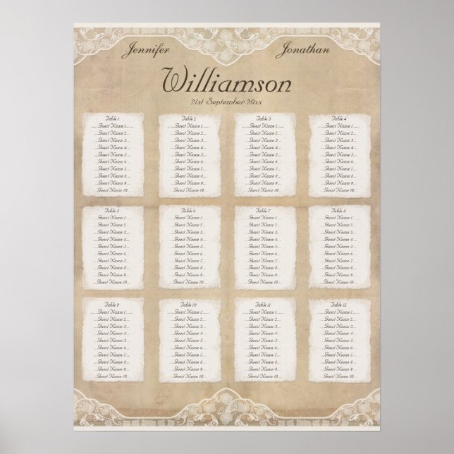 Vintage Canvas, Paper and Lace Look Seating Chart (Front)