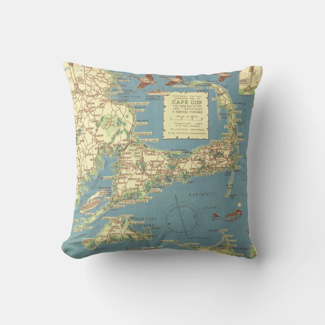 Vintage Cape Cod Map (1940) Cushion (Front)