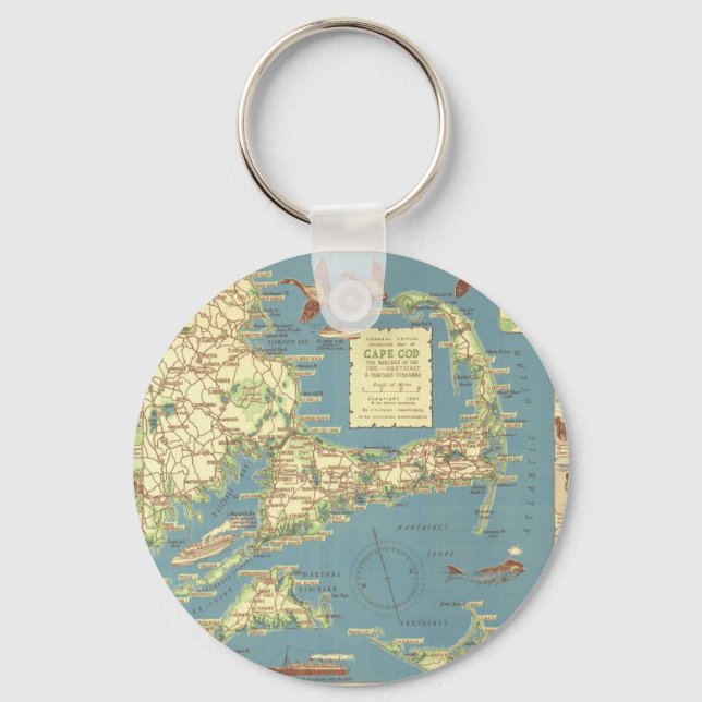 Vintage Cape Cod Map (1940) Key Ring (Front)