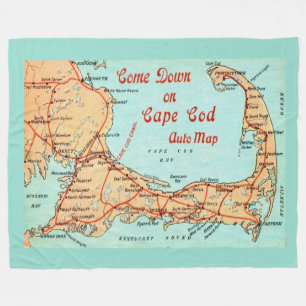 Vintage Cape cod Map Postcard Large Throw Fleece Blanket