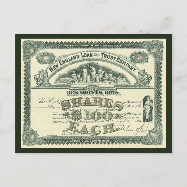 Vintage Capital Stock Certificate Business Finance Postcard (Front)