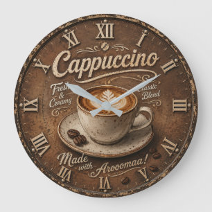 Vintage Cappuccino Rustic Coffee Bar Large Clock