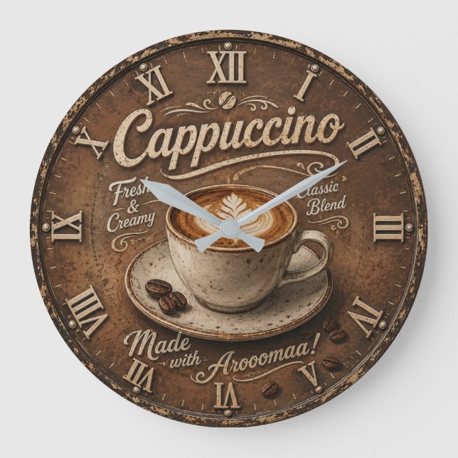 Vintage Cappuccino Rustic Coffee Bar  Large Clock (Front)