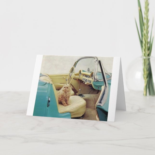 Vintage Car Ad With Cat Note Card (Front)