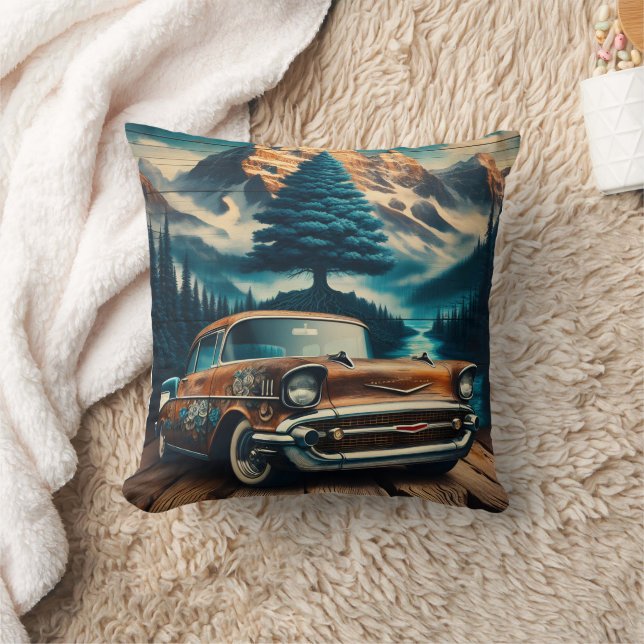 Vintage Car Amidst Mountains and Forests Cushion (Blanket)