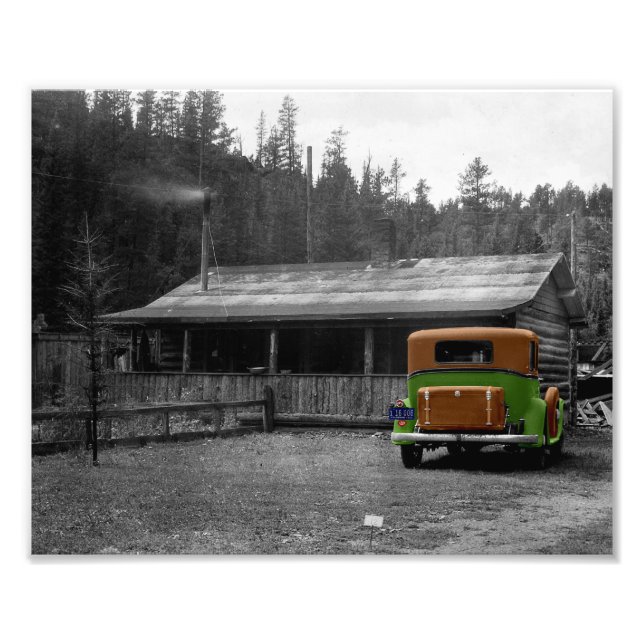 Vintage Car and Cabin Black and White Colour Photo Print (Front)