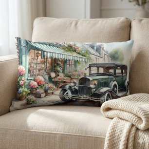 Vintage Car and Charming Flower Shop Watercolor Lumbar Cushion