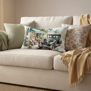 Vintage Car and Charming Flower Shop Watercolor Lumbar Cushion