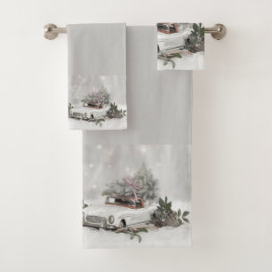 Vintage Car and Christmas Tree On Grey Bath Towel Set