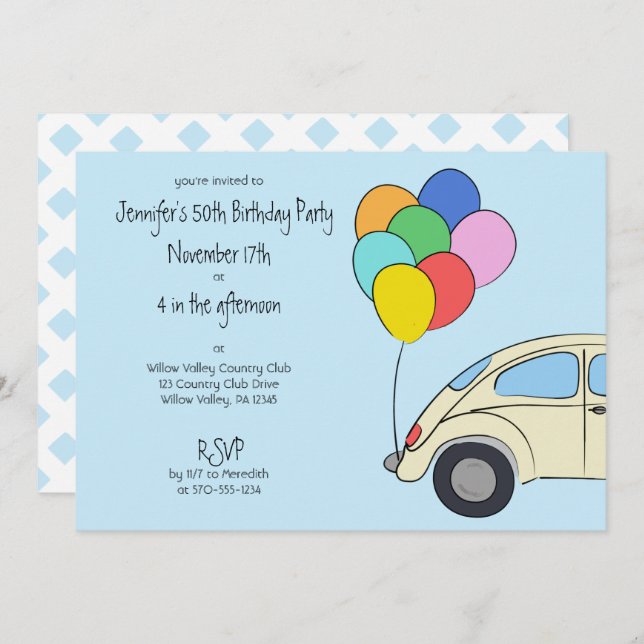 Vintage Car and Colourful Balloons Drawing Birthda Invitation (Front/Back)