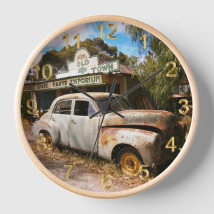 Vintage Car And Garage, Round Wall Clock