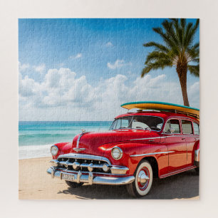 Vintage car at beach with surf board jigsaw puzzle