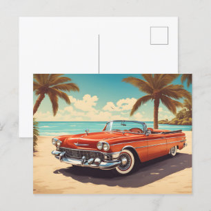 Vintage car at beach with surf board postcard