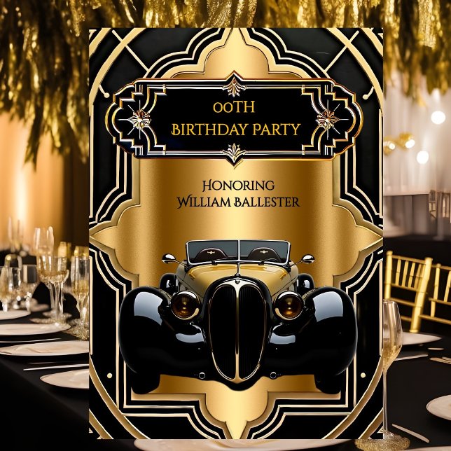 Vintage Car Birthday Party Gold Black 1930s Invitation (Creator Uploaded)