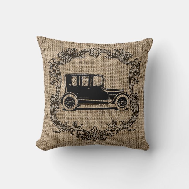 Vintage Car Burlap Cushion (Front)