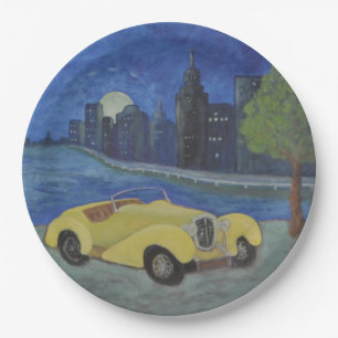 Vintage Car By Moonlight Paper Plate