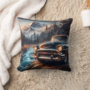 Vintage Car By Mountain Stream at Sunset Cushion