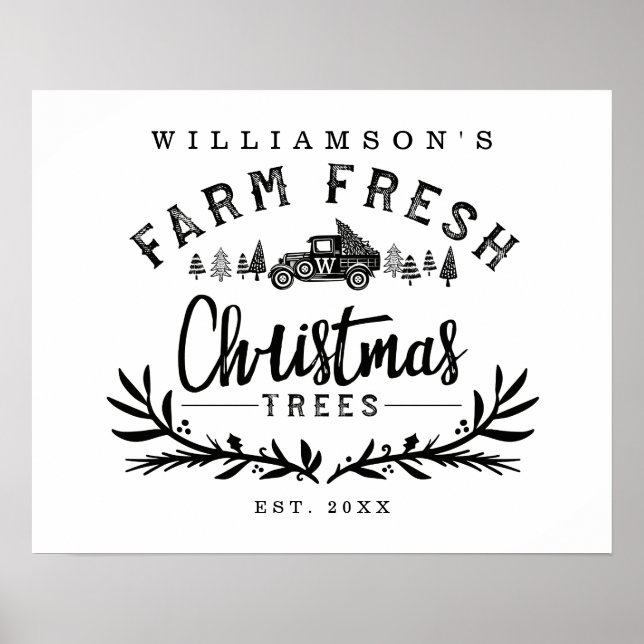 Vintage Car Christmas Tree Delivery Black & White Poster (Front)