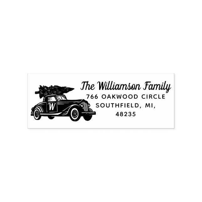Vintage Car Christmas Tree Monogram Address Rubber Stamp (Imprint)