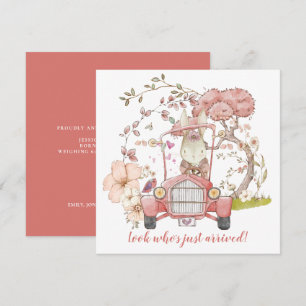 Vintage Car Cute Bunny Girl Birth Announcement