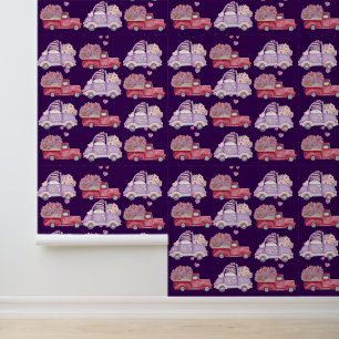 Vintage Car Floral Heart Textured Vinyl Romantic Wallpaper
