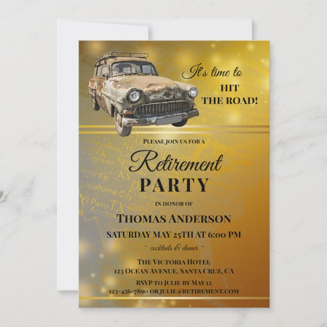 Vintage Car Gold Map Retirement Party Invitation (Front)