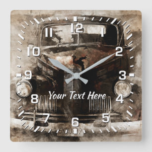 Vintage Car Graphic Your Text Square Wall Clock
