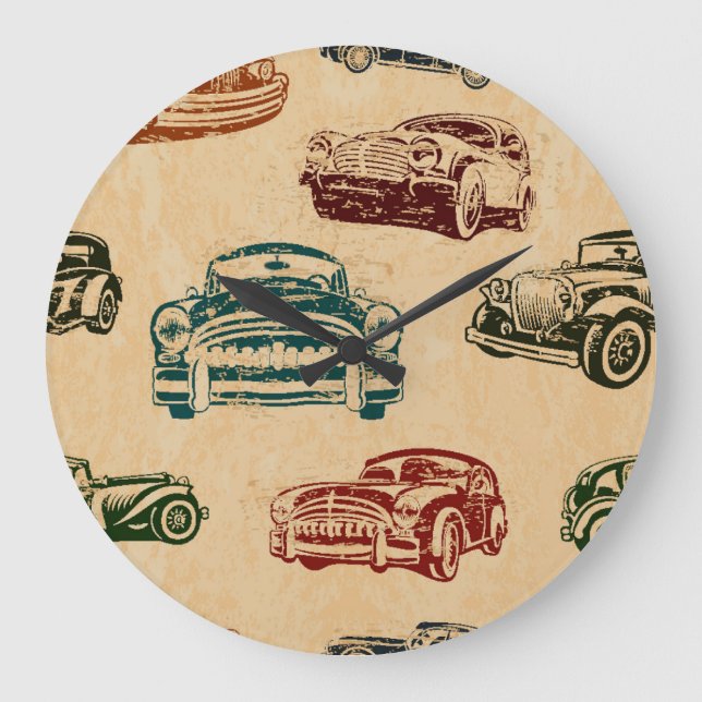 Vintage Car Illustration Background Pattern Large Clock (Front)
