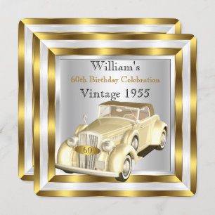 Vintage Car Men's 60th Birthday Party Gold White Invitation