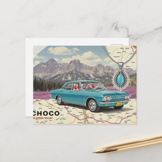 Vintage Car on a Map Collage Postcard (Front/Back In Situ)