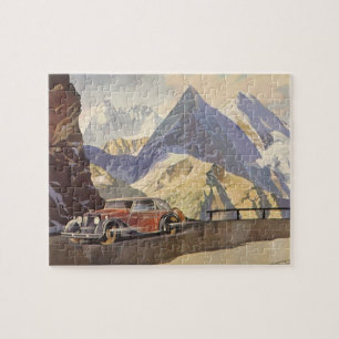 Vintage Car on Mountain Road in Winter with Snow Jigsaw Puzzle