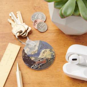 Vintage Car on Mountain Road in Winter with Snow Key Ring