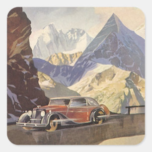 Vintage Car on Mountain Road in Winter with Snow Square Sticker