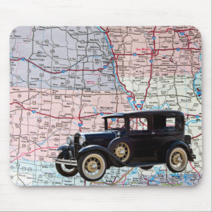 Vintage Car on Road Map Mouse Pad
