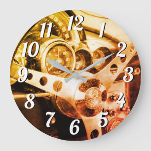 Vintage Car Sepia Steering Wheel Metres Gauges Large Clock