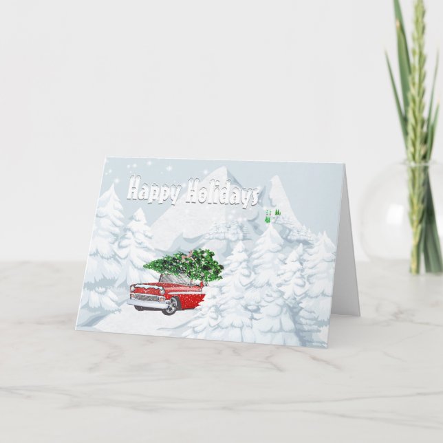 Vintage car snow Chevrolet holiday Christmas tree Card (Front)