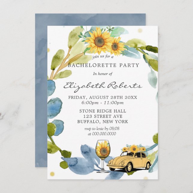 Vintage Car Sunflowers Bachelorette Party  Invitation (Front/Back)