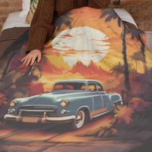 Vintage Car Sunset - Gift for Car Lovers Fleece Blanket