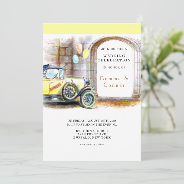 Vintage Car Village Unique Wedding Invitation (Standing Front)
