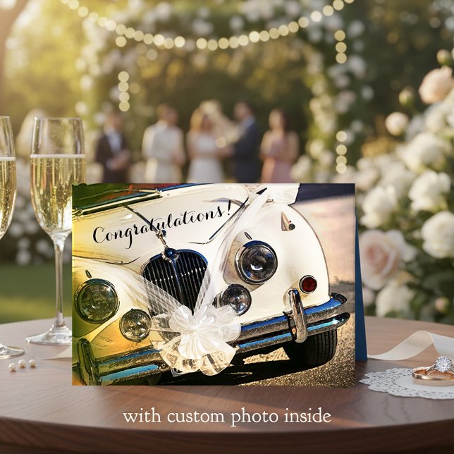 Vintage Car Wedding Congratulations Card (Wedding or anniversary congratulations card featuring a vintage car with festive bridal bows)