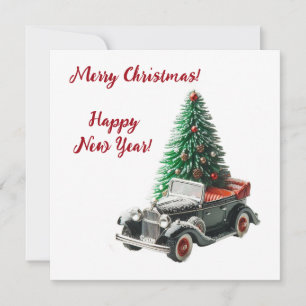 Vintage Car with Christmas Tree Holiday Card