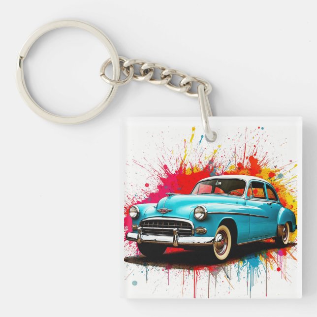 Vintage Car with Colourful Paint Splashes Key Ring (Front)