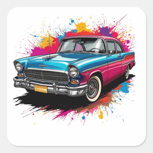 Vintage Car with Colourful Paint Splashes Square Sticker (Front)