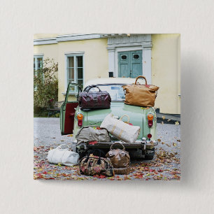 Vintage car with lots of luggage 15 cm square badge