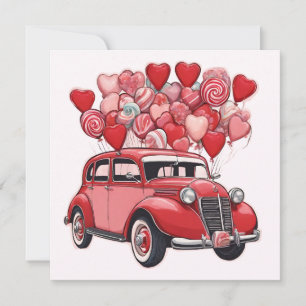 Vintage Car with Valentine's Day Balloons  Holiday Card