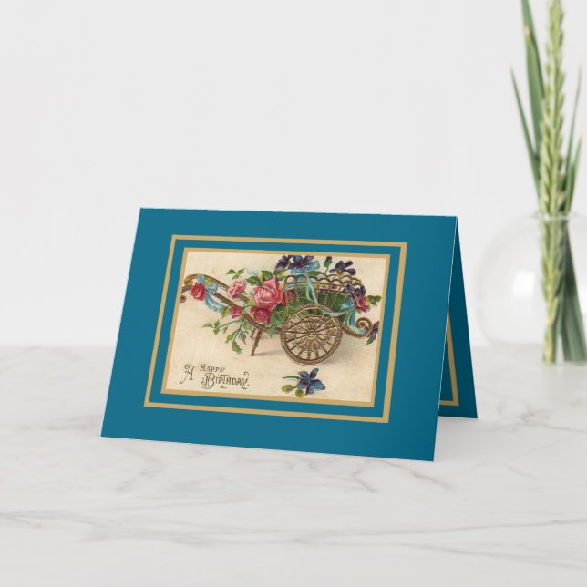 Vintage Card Floral Cart Flowers Happy Birthday (Front)