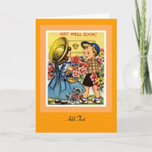 Vintage Card Get Well Soon Flowers Children